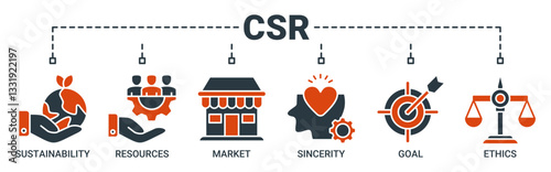 CSR banner web icon vector illustration concept business and organization, Corporate social responsibility and giving back to the community icons. Solid color vector symbol background.