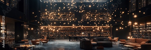 Luxurious Dark Library Lounge with Hanging Edison Bulbs and Cozy Seating