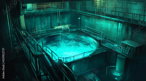 A reactor bathed in an eerie blue glow processes uranium fuel, as plutonium byproducts are carefully extracted and stored
