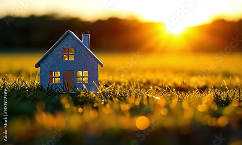 Small house model stands on green grass during golden hour sunset