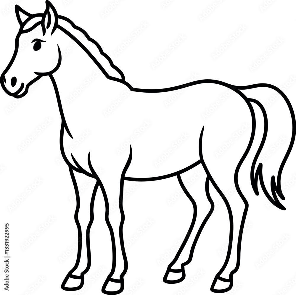 Black-and-white horse illustration with easy-to-Color outlines, excellent for animal-themed children's crafts, coloring books Black-and-white horse illustration with easy-to-Color outlines, excellent for animal-themed children's crafts, coloring books