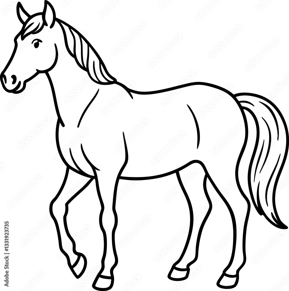 Cute cartoon horse drawing in clear line art style, perfect for printable coloring pages, kids' art projects, and preschool activities Cute cartoon horse drawing in clear line art style, perfect for printable coloring pages, kids' art projects, and preschool activities