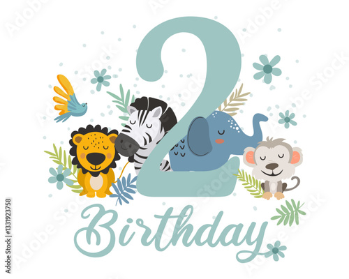 Cute Jungle Animals 2nd Birthday Clipart. Vector illistration.