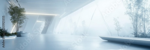 Futuristic White Interior Design with Foggy Landscape View