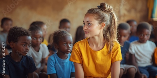 a teacher in a yellow shirt looking at children.