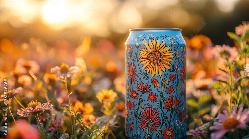 Naklejka premium A colorful can adorned with flowers is positioned in a meadow filled with various blooming wildflowers under a warm sunset sky. The scene captures natural beauty and tranquility.