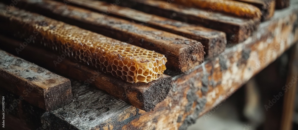Honeycomb harvest on rustic wooden frame Honeycomb harvest on rustic wooden frame