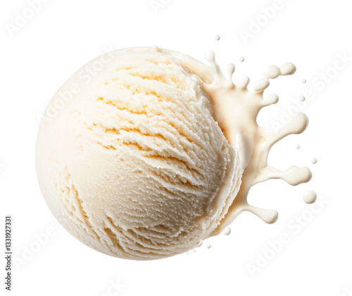 Creamy vanilla ice cream scoop with milk splash on black background, cut out