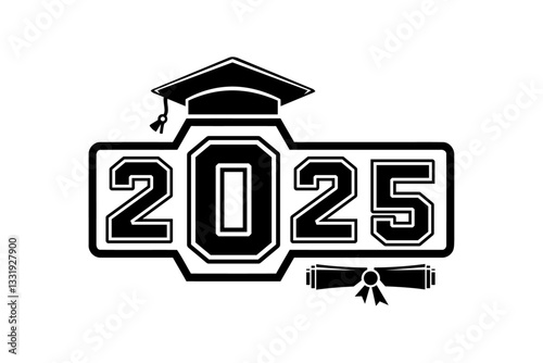 Lettering Class of 2025 with graduate hat and diploma on transparent background