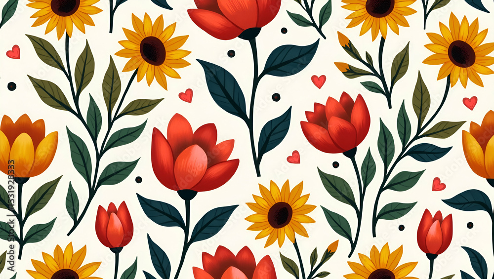 Eclectic Tulips & Sunflowers: Vibrant Bohemian Tile Pattern Design Eclectic Tulips & Sunflowers: Vibrant Bohemian Tile Pattern Design