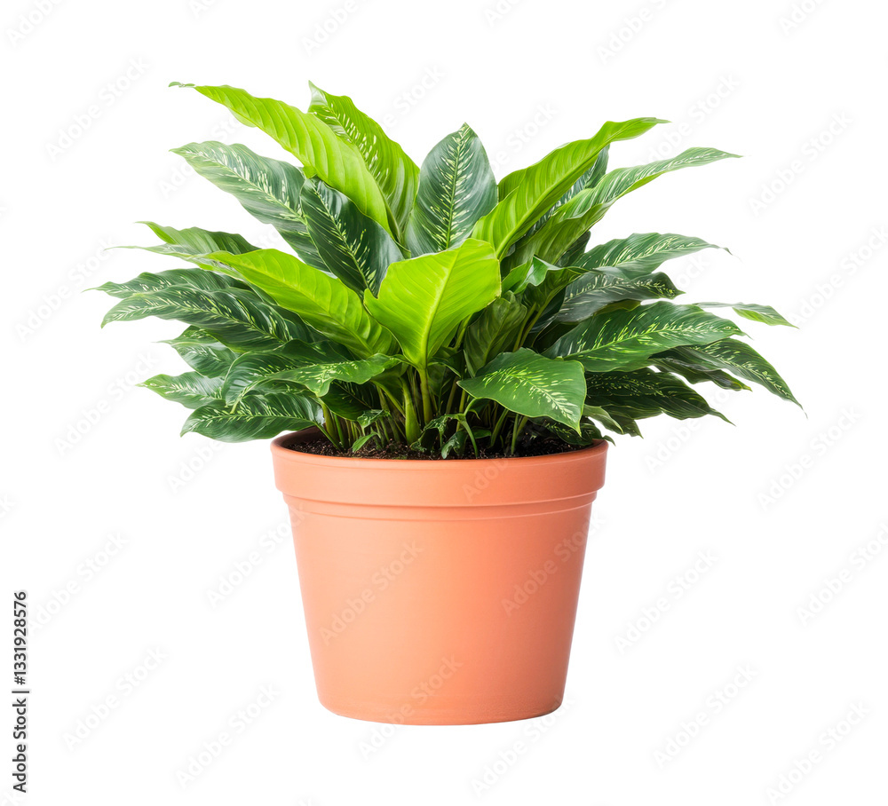 Fototapeta premium Lush green peace lily in a terra cotta pot with vibrant foliage, cut out