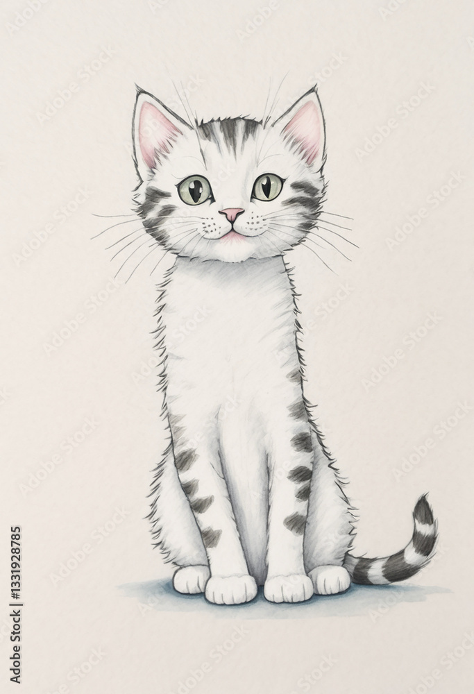 Fototapeta premium A cute, illustrated cat with distinctive stripes and a playful expression, sitting upright and looking directly at the viewer.
