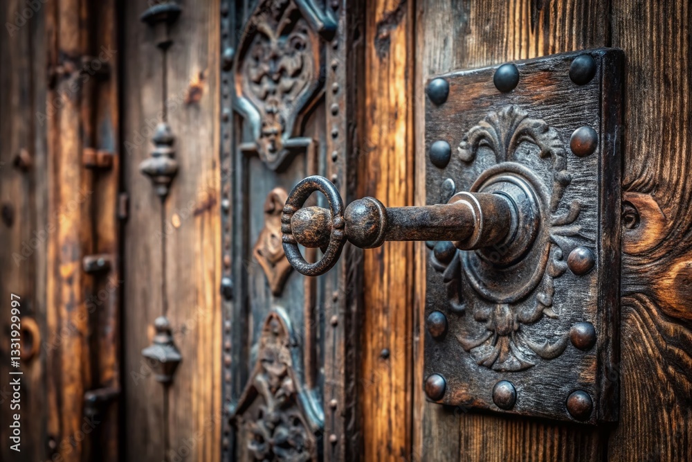 Rustic Cast Iron Door Handle on Old Wooden Door - Copy Space Rustic Cast Iron Door Handle on Old Wooden Door - Copy Space