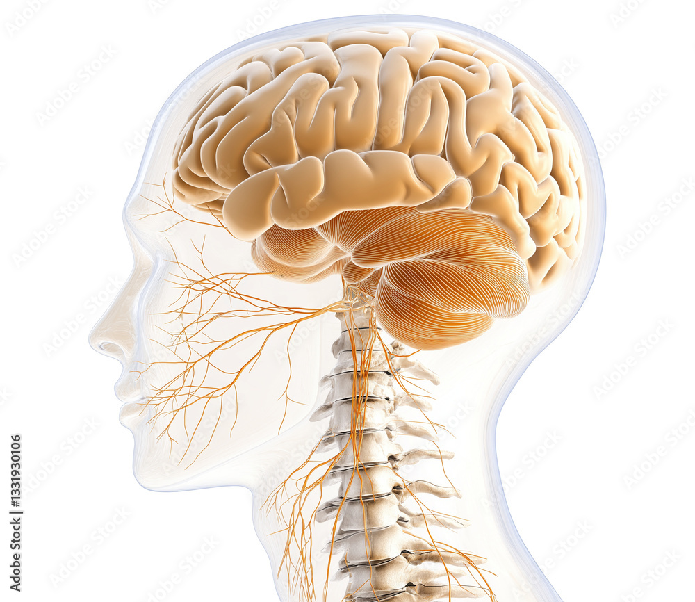 Medical profile head with brain and nerves transparent image. Spinal cord, nervous system, anatomy isolated cutout 3d render. Healthcare education cut out clipart design element png