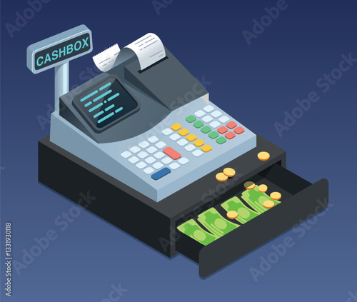 Cash register with open drawer full of money