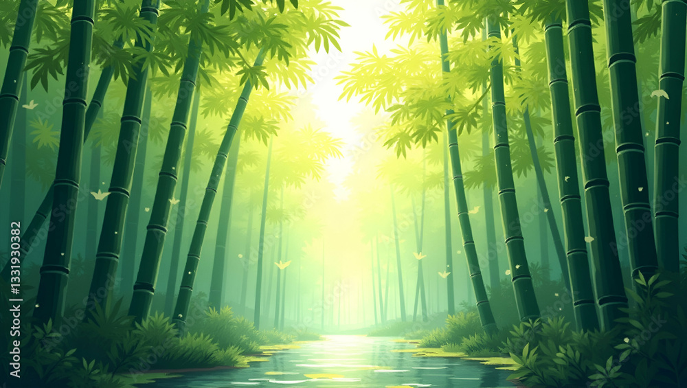 Fototapeta premium Serene Bamboo Forest Watercolor: Calming Nature Illustration