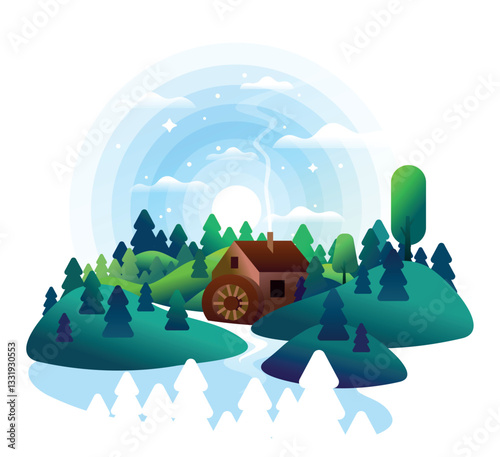 Fantasy landscape with cottage, trees, and glowing lights