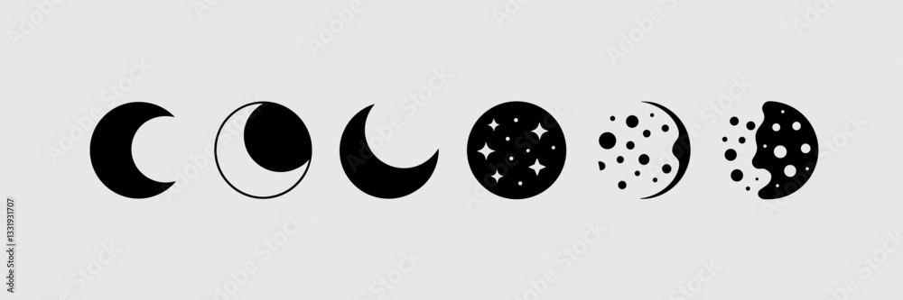 Vector set of moon icons including crescent, full, half, and cratered moons with stars on a white background Vector set of moon icons including crescent, full, half, and cratered moons with stars on a white background