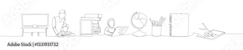 Set school education, teacher, school class, notes, globe one line art. Continuous line drawing of online learning, knowledge, cognition, school, kindergarten, education.