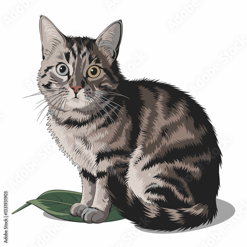 Vector illustration of a fluffy cat with wide eyes and a bushy tail sitting on a green leaf on a white background.