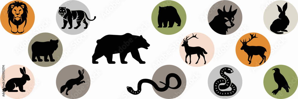 Naklejka premium Vector art of animal silhouettes in circular icons
