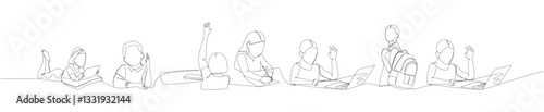set of students answering in lessons, online learning one line art. Continuous line drawing of online learning, knowledge, school, preparation, answer, lesson