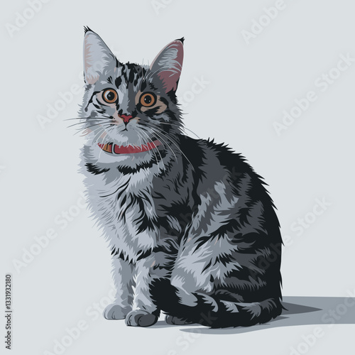 Vector illustration of a fluffy cat with wide eyes, a red collar, and a bushy tail sitting on a white background.