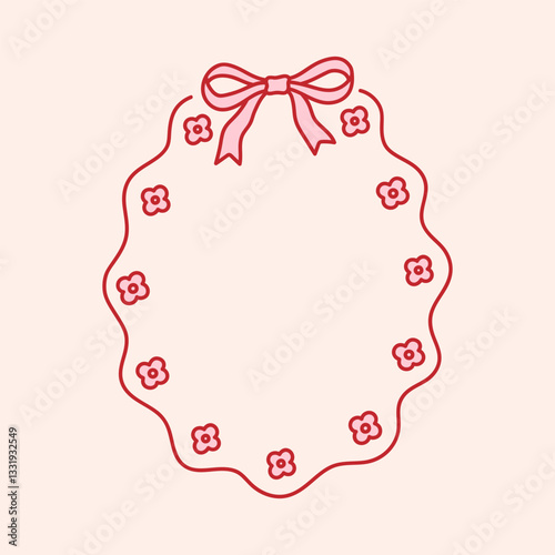 Coquette frame decorated of pink bow and small cute flowers. Holiday oval border with ruffle. Vintage whimsical background for greeting cards, wedding, invitations, social media. Line art