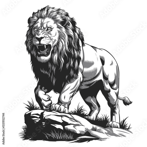 Vector illustration of a strong lion standing on a rock with a wild mane, wide-open eyes, and bared teeth on a white background.