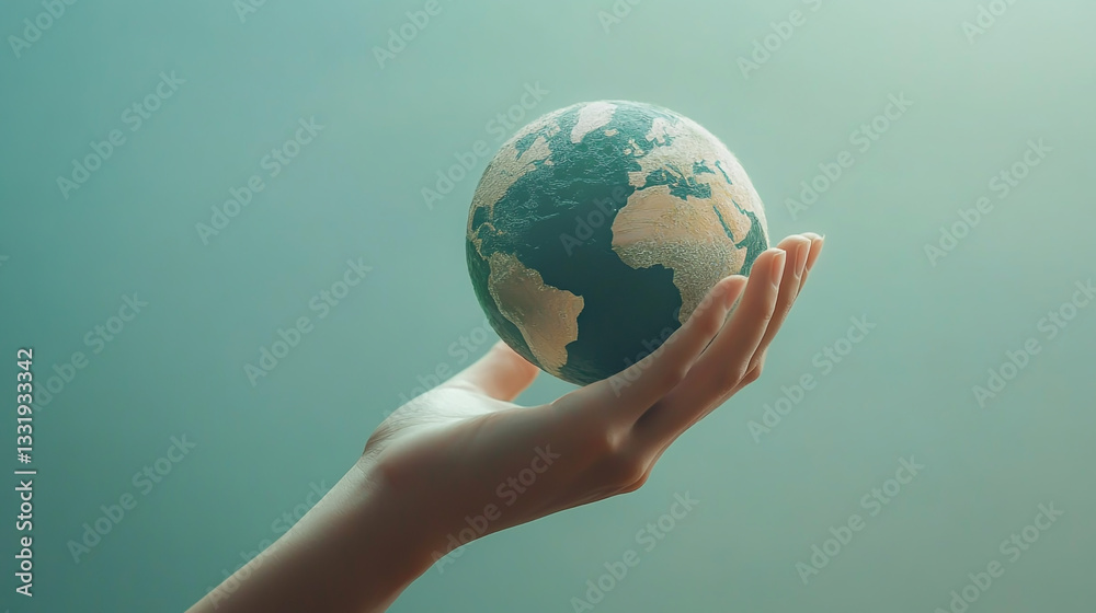 Sustainable green globe with eco savings on researcher hand background. World Environment Day and Earth Day concept. People and eco environmental conservation theme. Sustainable green globe with eco savings on researcher hand background. World Environment Day and Earth Day concept. People and eco environmental conservation theme.