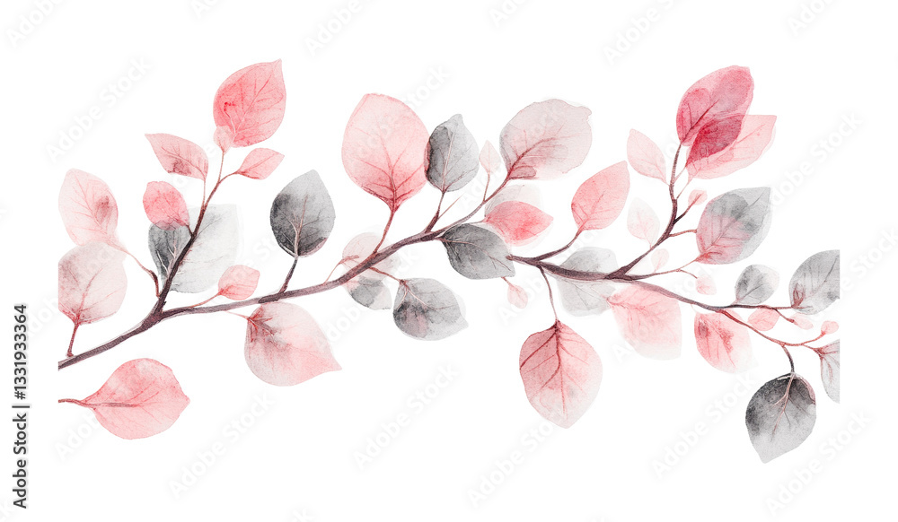 Fototapeta premium Watercolor pink and gray leaves on branch, cut out