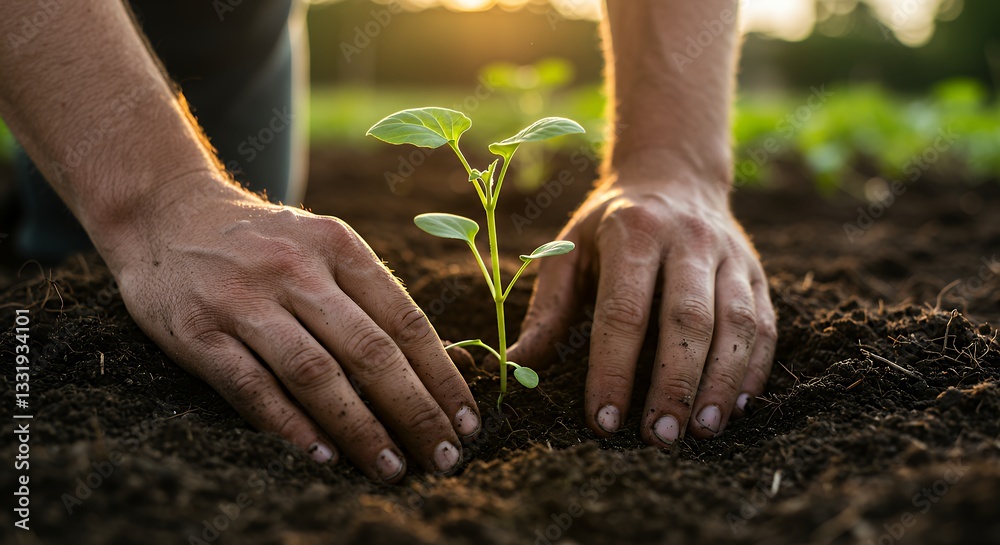 Fototapeta premium Hands Planting Small Seedling in Soil at Sunset Garden