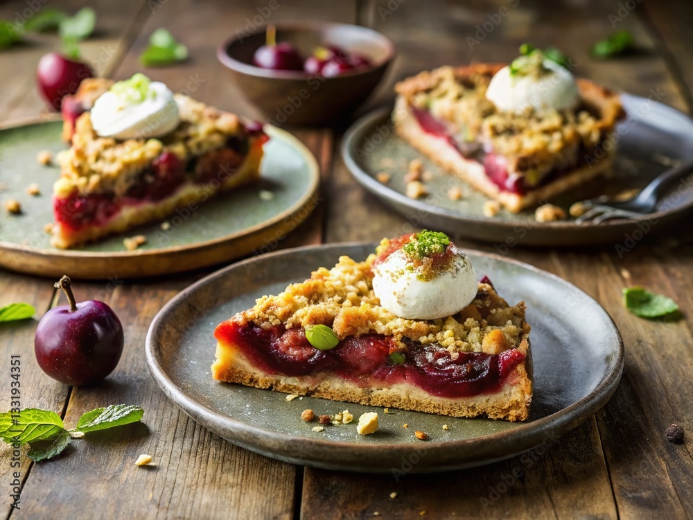 Rustic Plum Pie with Pistachio Crumble & Clotted Cream - Delicious Dessert Photography Rustic Plum Pie with Pistachio Crumble & Clotted Cream - Delicious Dessert Photography