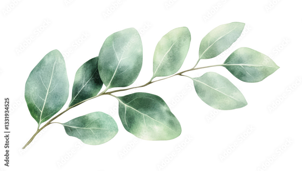 Fototapeta premium Watercolor eucalyptus branch with green leaves on black background, cut out