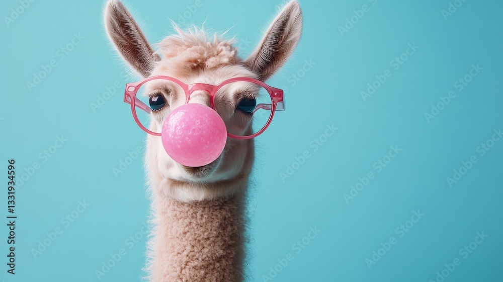 Naklejka premium Funny Animal Wall Art Blue Lama bubble gum wearing glasses