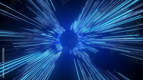 Dynamic Blue Light Streaks Radiate from Central Point Creating Futuristic and Energetic Visual Effect with Motion and Speed Evoking Sci Fi Warp Drive and Digital Energy Dynamic Burst of Blue Light