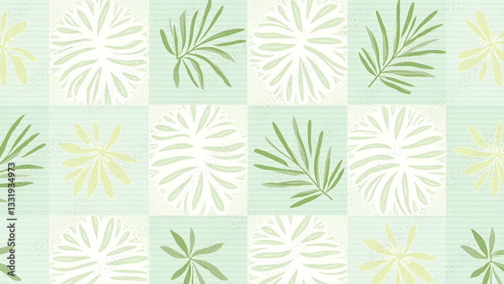 Intricate Monstera and Palm Motifs in Soft Green Tones: Delicate Lace-Inspired Seamless Tile Pattern for Romantic Interiors - A Simple Flat Cute Vector Illustration for Smart Business Tone Intricate Monstera and Palm Motifs in Soft Green Tones: Delicate Lace-Inspired Seamless Tile Pattern for Romantic Interiors - A Simple Flat Cute Vector Illustration for Smart Business Tone