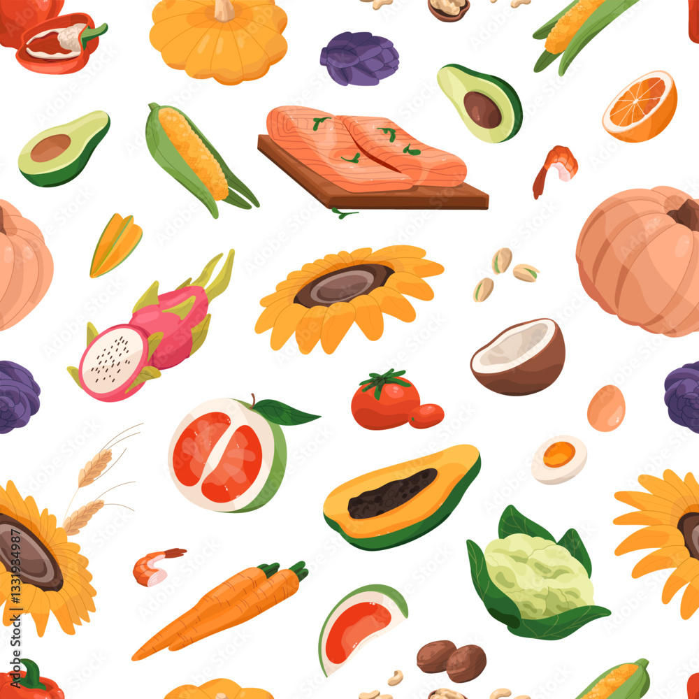 Repeatable pattern of different healthy eating, grocery products. Endless background of various organic foods, raw meat, fish, salmon, farm vegetables, fresh fruit. Flat seamless vector illustration. Repeatable pattern of different healthy eating, grocery products. Endless background of various organic foods, raw meat, fish, salmon, farm vegetables, fresh fruit. Flat seamless vector illustration.