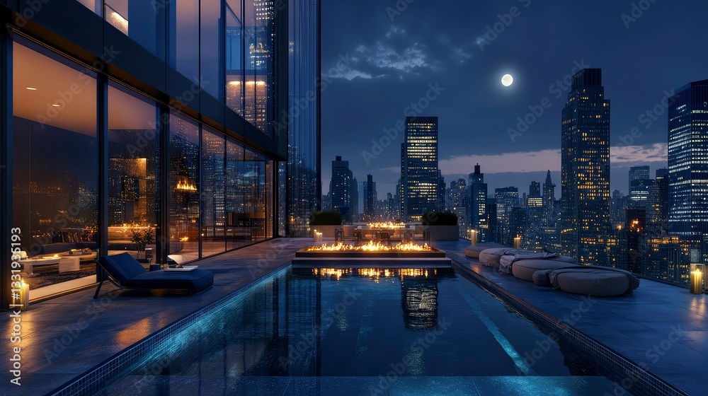 Fototapeta premium Luxurious Rooftop Infinity Pool with City Night View and Fire Pit