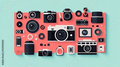 Flat illustration of National Photography Month, showcasing a creative scene of cameras, film rolls, and photo frames, with a harmonious and unique color palette