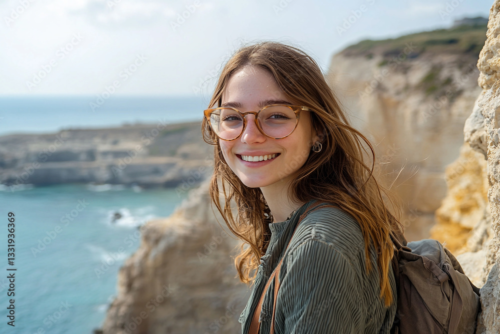 Happy young woman traveler smiling near ocean cliffs beautiful coastal landscape summer vacation day Happy young woman traveler smiling near ocean cliffs beautiful coastal landscape summer vacation day