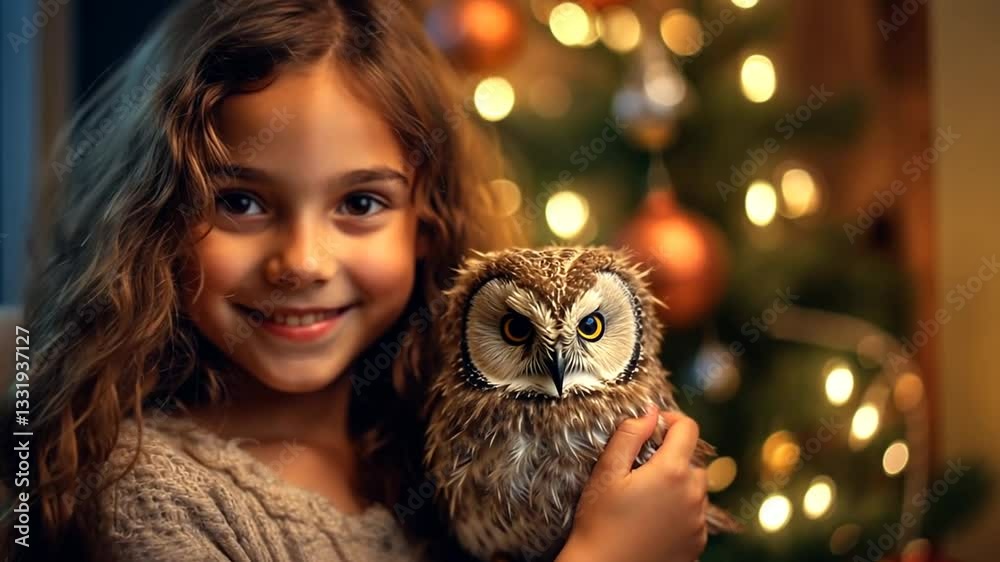 Mädchen mit Eule in weichem Licht vor Lichterketten