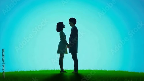 Silhouetted Couple on Grassy Hill Holding Hands Against Vibrant Blue Sky Romantic and Tranquil Scene of Love and Connection in Natures Outdoors