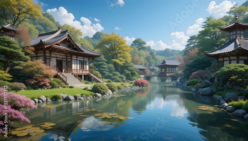 4k high quality Ai generative HD high definition artwork photo beautiful realistic Japanese traditional house garden in Japan