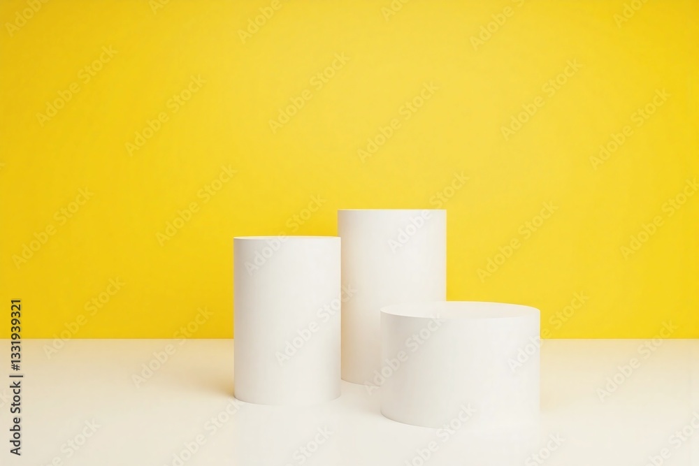 three empty white pedestals triangular formation yellow wall three empty white pedestals triangular formation yellow wall