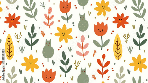 Playful Botanical Characters in Bright Colors: Whimsical Seamless Tile Pattern for Children's Rooms - Perfect Photo Stock Concept with Empty Space on the Left Side
