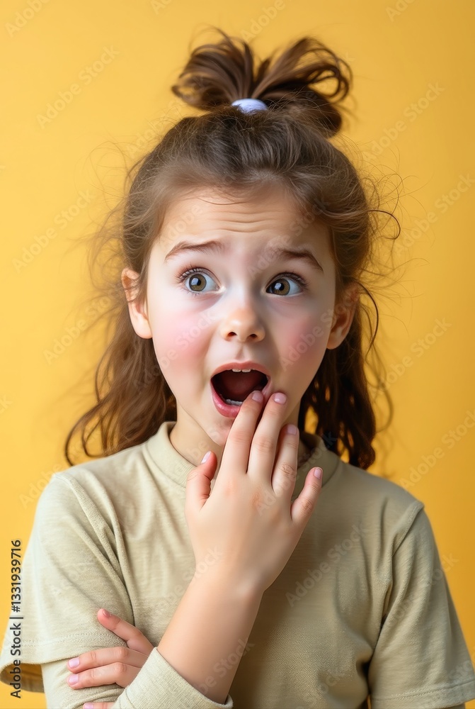 Surprised young girl opening her mouth and covering it with her hand on yellow background Surprised young girl opening her mouth and covering it with her hand on yellow background