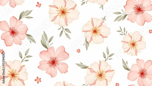 Watercolor Flowers and Soft Hues: Romantic Seamless Tile Pattern for Elegant Dining Rooms - Perfect Photo Stock Concept with Left-Side Empty Space