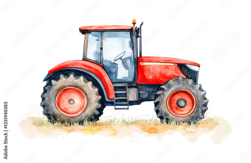 Obraz premium Red watercolor tractor on grass with black wheels in side view illustration, cut out