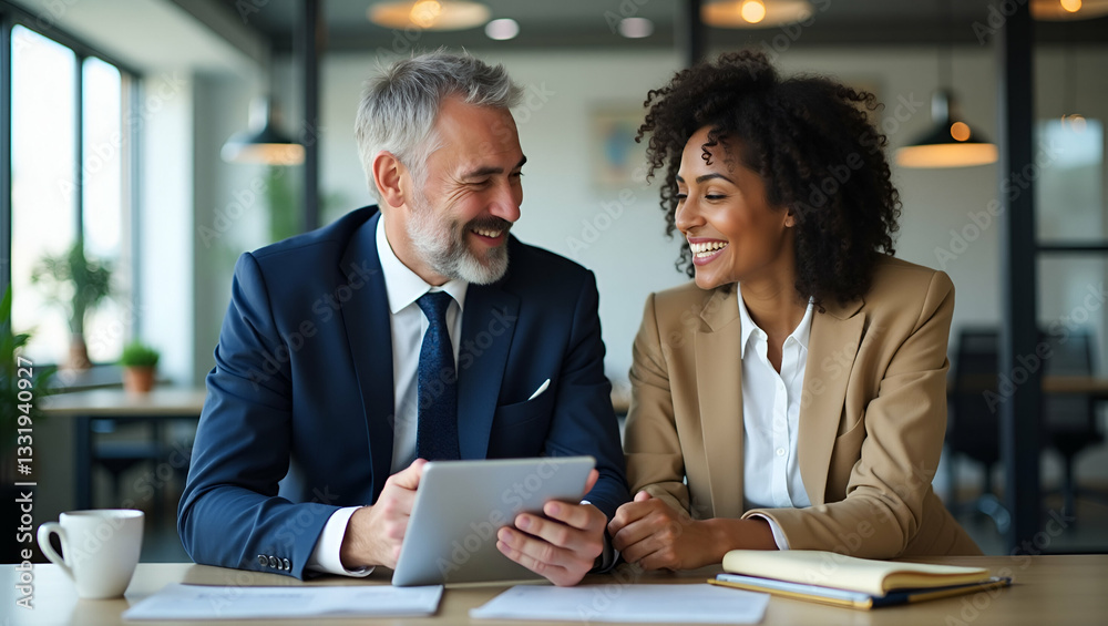 Fototapeta premium Diverse Business Team Collaboration: Older Male Executive and Young Female Colleague Discuss Projects Using Digital Tablets in Modern Office Setting - Stock Photo Concept with Empty Space